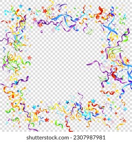 Colorful Serpentine. Holiday Foil Streamers Ribbons. Confetti Star Falling on Transparent Background. Party, Birthday Vector Template. Carnival Serpentine. Celebration Elements. Bright Festive Tinsel.