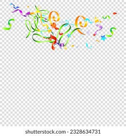 Colorful Serpentine. Holiday Foil Streamers Ribbons. Confetti Star Falling on Transparent Background. Party, Birthday Vector Template. Carnival Serpentine. Celebration Elements. Bright Festive Tinsel.