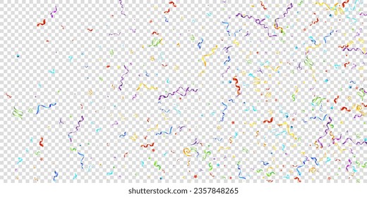 Colorful Serpentine. Holiday Foil Streamers Ribbons. Confetti Star Falling on Transparent Background. Party, Birthday Vector Template. Sparkle Serpentine. Celebration Elements. Bright Festive Tinsel.
