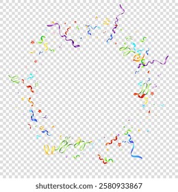 Colorful Serpentine. Holiday Foil Streamers Ribbons. Confetti Star Falling on Transparent Background. Party, Birthday Vector Template. Sparkle Serpentine. Celebration Elements. Bright Festive Tinsel.
