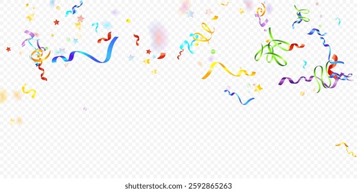 Colorful Serpentine. Holiday Foil Streamers Ribbons. Confetti Star Falling on Transparent Background. Party, Birthday Vector Template. Carnival Serpentine. Celebration Elements. Bright Festive Tinsel.
