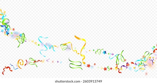 Colorful Serpentine. Holiday Foil Streamers Ribbons. Confetti Star Falling on Transparent Background. Party, Birthday Vector Template. Carnival Serpentine. Celebration Elements. Bright Festive Tinsel.
