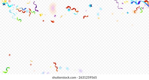 Serpentina Colorida. Faixas de fluxo de folha de férias. Confete Estrela Caindo em Fundo Transparente. Festa, Modelo Vetorial de Aniversário. Serpentina do Carnaval. Elementos de celebração. Tinsel festivo brilhante.