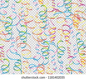 Colorful serpentine on transparent background. Festive decor element for Birthday party or greeting card design element. Vector illustration