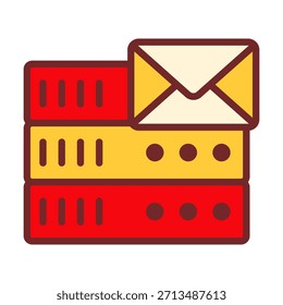 Icono colorido del servidor con el símbolo del correo y de la alerta ideal para la entrega del mensaje, las notificaciones, y la comunicación del sistema.