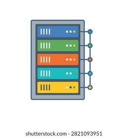 A colorful server rack illustration representing network architecture and data exchange. This ip address icon visualizes digital connectivity and information management.