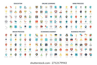 Colorido conjunto de 180 iconos planos simples que representan la educación, el aprendizaje en línea, el proceso mental, el proceso cerebral, el mercado de la economía y los conceptos de proyectos de negocios Ilustración vectorial aislada