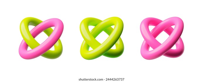 Colorful set of 3D geometric icons in brutalist style. Volumetric figures of a torus, pink and green in a knot on an isolated background. Knot patterns, isolated vector design elements.