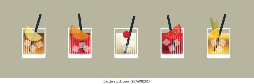 Colorful set of 5 classic cocktails, including the Bloody Mary, Mai Tai, John Collins, Sazerac, Whiskey Sour, or Boulevardier, each with ice, a straw, and a fruit garnish.