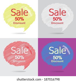 Colorful set of 50 percent discount sale in form of  hand drawn bubble speech.