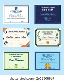 Um conjunto colorido de 6 modelos modernos de certificados para apreciação, realização, resolução de problemas e reconhecimento remoto da equipe. Design totalmente editável e versátil.