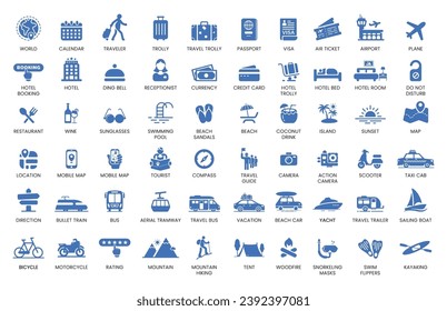 Colorful set of 60 Vacation, Travel Tourism flat icons - hotel, booking, vehicle, passport, beach, wanderlust clipart, tropical vacation, camping, world travel, explore adventure, etc. 
