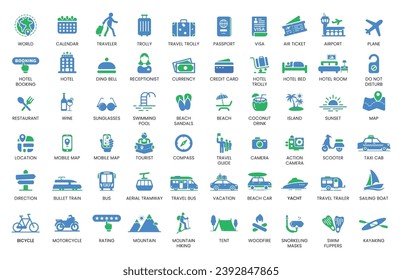 Colorful set of 60 Vacation, Travel Tourism flat icons - hotel, booking, vehicle, passport, beach, wanderlust clipart, tropical vacation, camping, world travel, explore adventure, etc. 
