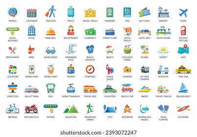 Colorful set of 60 Vacation, Travel Tourism flat icons - hotel, booking, vehicle, passport, beach, wanderlust clipart, tropical vacation, camping, world travel, explore adventure, etc. 
