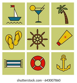 Colorful set of 9 summer icons. 