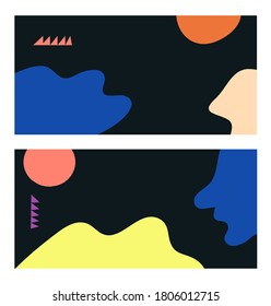 Colorido conjunto de fondos abstractos en el vector. Abstracciones con diferentes formas sobre fondo oscuro. Plantilla, cartel.