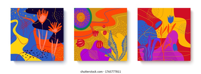 
Colorful set of abstract cards with tropical plants and flowers. Creative doodles of various shapes and textures. Vector illustration ideal for printing, flyers, banners, cards, invitations