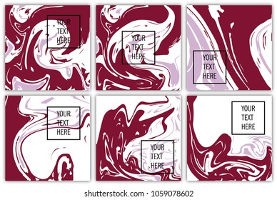 Colorful set of abstract creative card templates. Weddings, menu, invitations, birthday, business cards with marble texture in trendy colors
