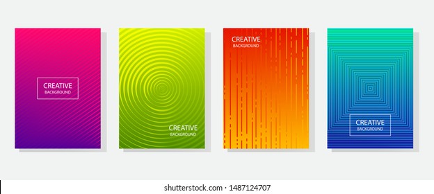 Colorful set of abstract dynamic modern bright banners with different texture, template cover design. Space for your text with geometric patterns. Colored halftone gradient. Vector illustration