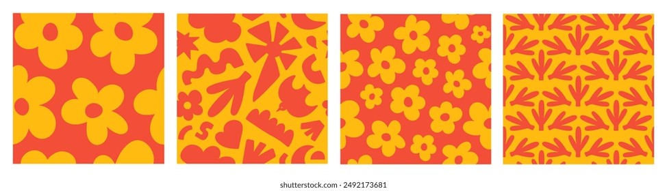 Colorful set abstract floral seamless patterns with organic shapes. Red and yellow colors. Vector illustration