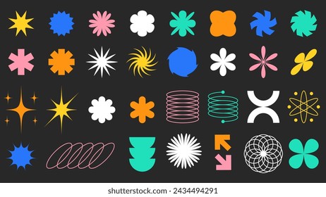 Colorido conjunto de forma geométrica abstracta en estilo brutalismo. Elemento Bauhaus minimalista. Flor, Estrella, Remolino, Espiral, Flecha