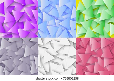 The colorful set of abstract polygonal geometric textures, triangle 3d backgrounds. Triangular mosaic background for web, presentations or prints. Vector illustration.