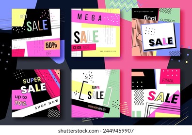 Colorful set of abstract  sales posts. Super sale. Big Sale. Final season sale. Template design for advertising sale special offers. Mega collection modern square banners .Vector image eps 10