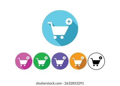 Colorful set of add to cart shopping cart icons indicating online retail or purchase concept