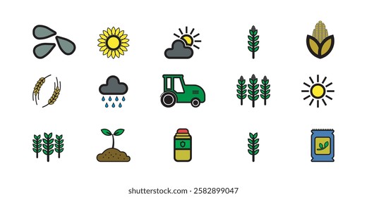 A colorful set of agricultural icons for farming, gardening, and agribusiness. Includes crops, tractor, seeds, plants, rain, sun, and fertilizer. Perfect for digital designs, infographics, and farm-re