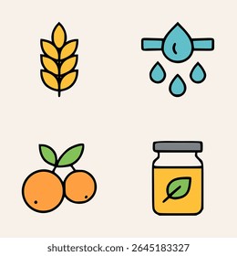 A colorful set of agricultural icons showing wheat irrigation oranges and a natural product in a jar