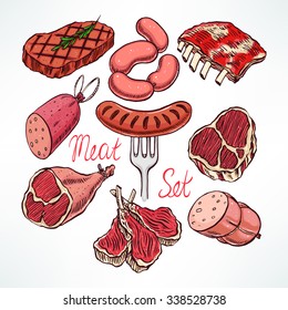 colorful set of appetizing meat products. hand-drawn illustration