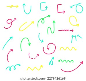 Colorful set arrows. Freehand colored lines, curves, dots, spirals