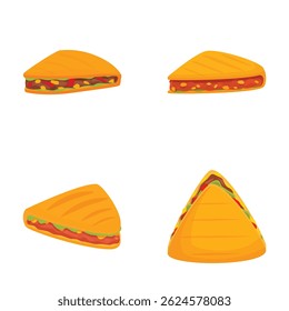 Conjunto colorido de vetores de sanduíche variados com diferentes tipos de sanduíches, incluindo presunto, queijo e salada, em um design de triângulo plano. Perfeito para uso em menus, restaurantes e cafés