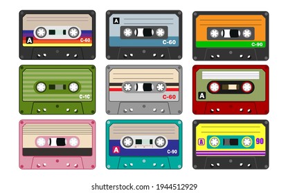 Colorful set audio cassettes with magnetic tape. Cassettes in vector, isolated from white background. Objects popular in the 80s and 90s.