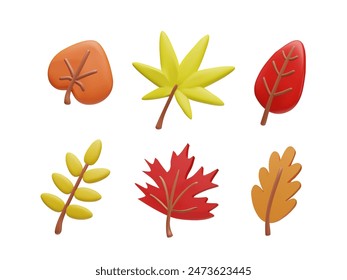 A colorful set of autumn leaves 3D icons in various shapes and colors, rendered as a vector illustration perfect for seasonal designs and decorations.