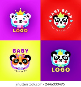 Colorful set baby bear logos. Logotype. Cute cartoon panda bear with a crown .Vector eps 10