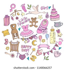 Colorful set of baby design elements for girls, hand drawing text, vector illustration