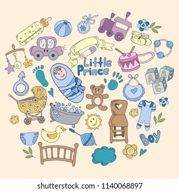Colorful set of baby design elements for boys and hand drawing text, vector illustration