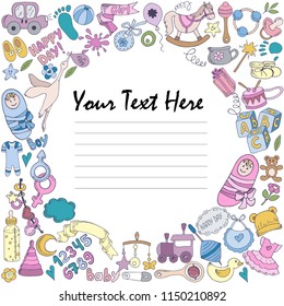 Colorful set of baby design elements and frame  for text, vector illustration 