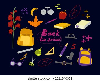 Farbige Rückenschule auf schwarzem Hintergrund. Bildung, Schulkonzept. Doodle-Set-Element für Ihr Design