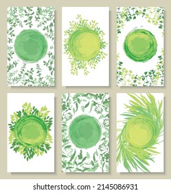 A colorful set of background images with grass and greenery. Bright, colorful hand drawing. 
Vector for menu, restaurant, food and kitchen design.