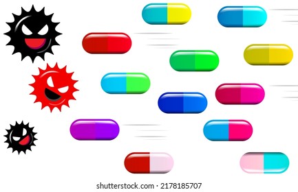 A colorful set of bad-looking viruses and capsule pills