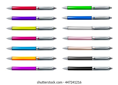 Colorful set of ball pen isolated on white background. Vector illustration