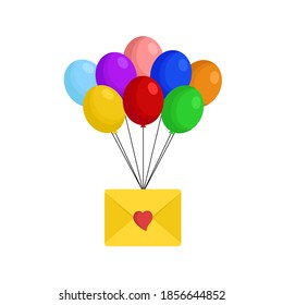 Colorful set of balloons flying with envelope with heart. Invitation, baby shower, happy birthday, Valentines day. Flat cartoon design. Vector illustration