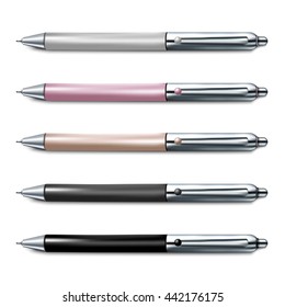 Colorful set of ballpoint pen isolated on white background. School stationary. Vector illustration
