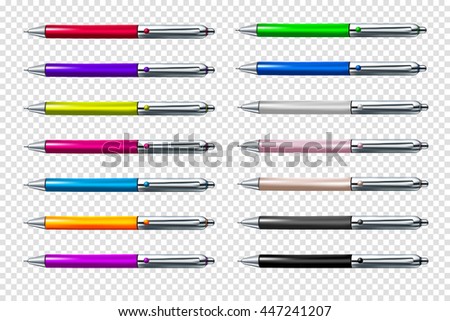 Colorful set of ballpoint pen isolated on white background. Vector illustration