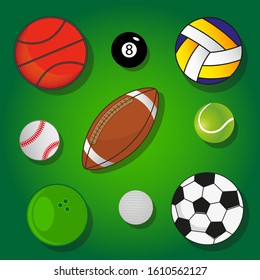 Colorful set of balls for games. Sport equipment icons. Symbols of volleyball, basketball, football, American football, bowling, baseball, tennis, golf. isolated on white background. Flat. Vector