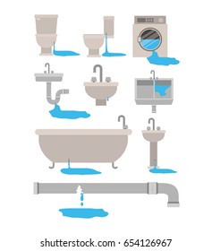 colorful set of bathroom interior objects with dripping pipes vector illustration