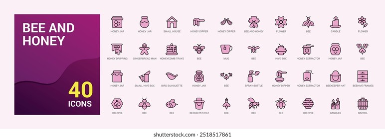 Colorful set of bee and honey icons. Color outline icon collection, line icons for web and ui. Vector illustration. Icon names are written in English.