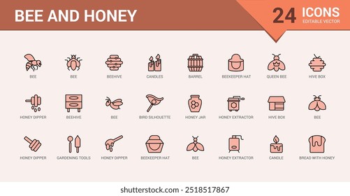 Colorful set of bee and honey icons. Color outline icon collection, line icons for web and ui. Vector illustration. Icon names are written in English.
